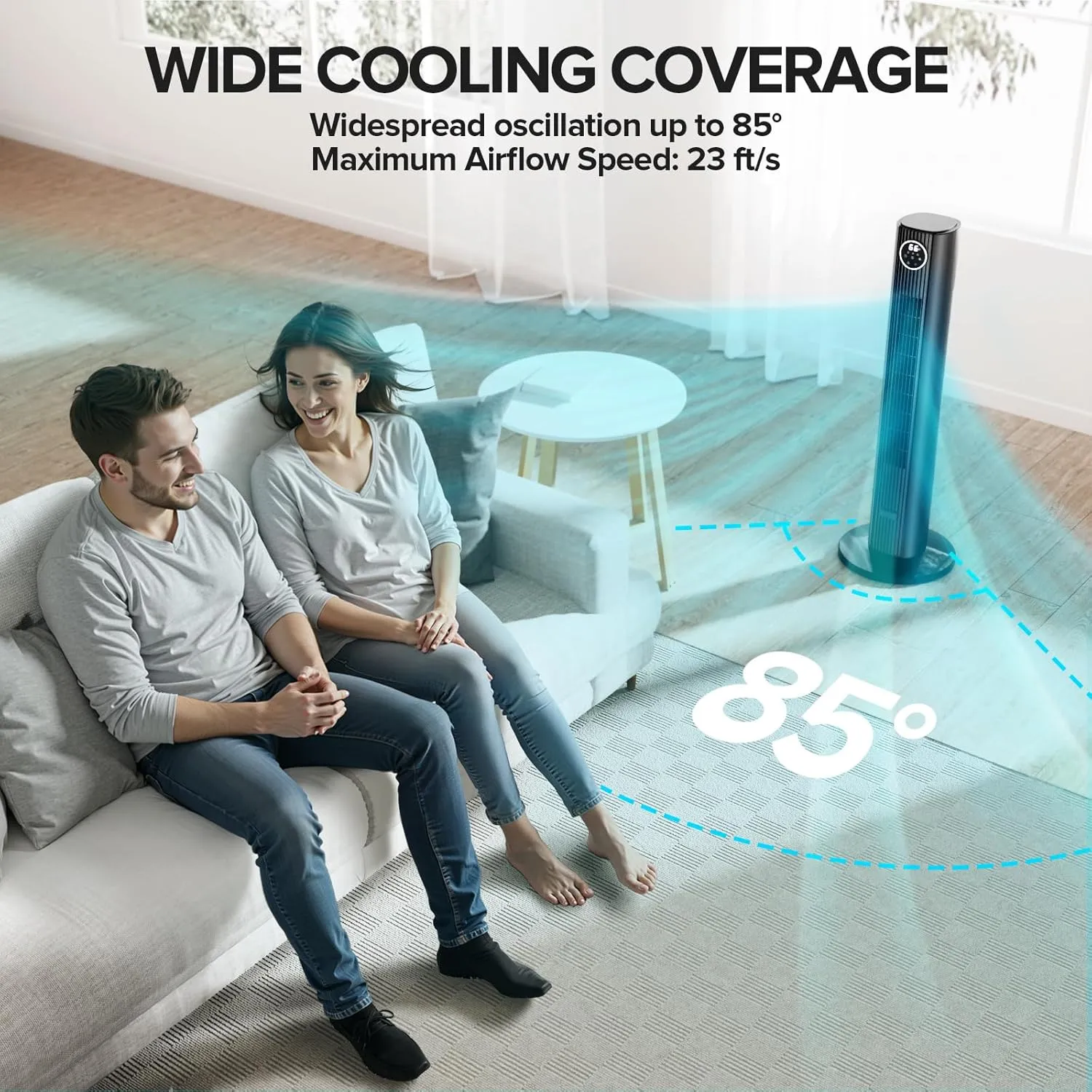Tower Fan for Bedroom, Standing Bladeless Fan that Blows Cold Air for Home, 85 Oscillating Quiet Cooling Floor Fans with Remote, 12H Timer, 23ft/s Velocity, 3 Speeds, 4 Modes, 36 inch (Black)