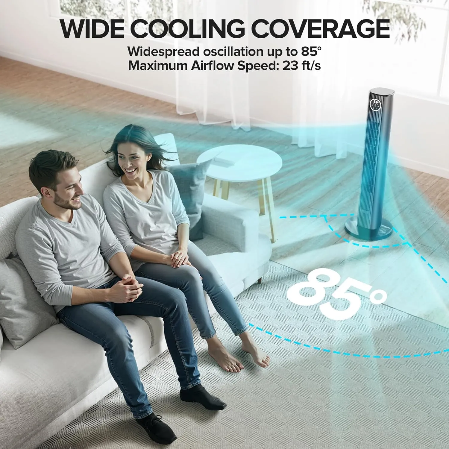 Tower Fan for Bedroom, Standing Bladeless Fan that Blows Cold Air for Home, 85 Oscillating Quiet Cooling Floor Fans with Remote, 12H Timer, 23ft/s Velocity, 3 Speeds, 4 Modes, 36 inch (Grey)