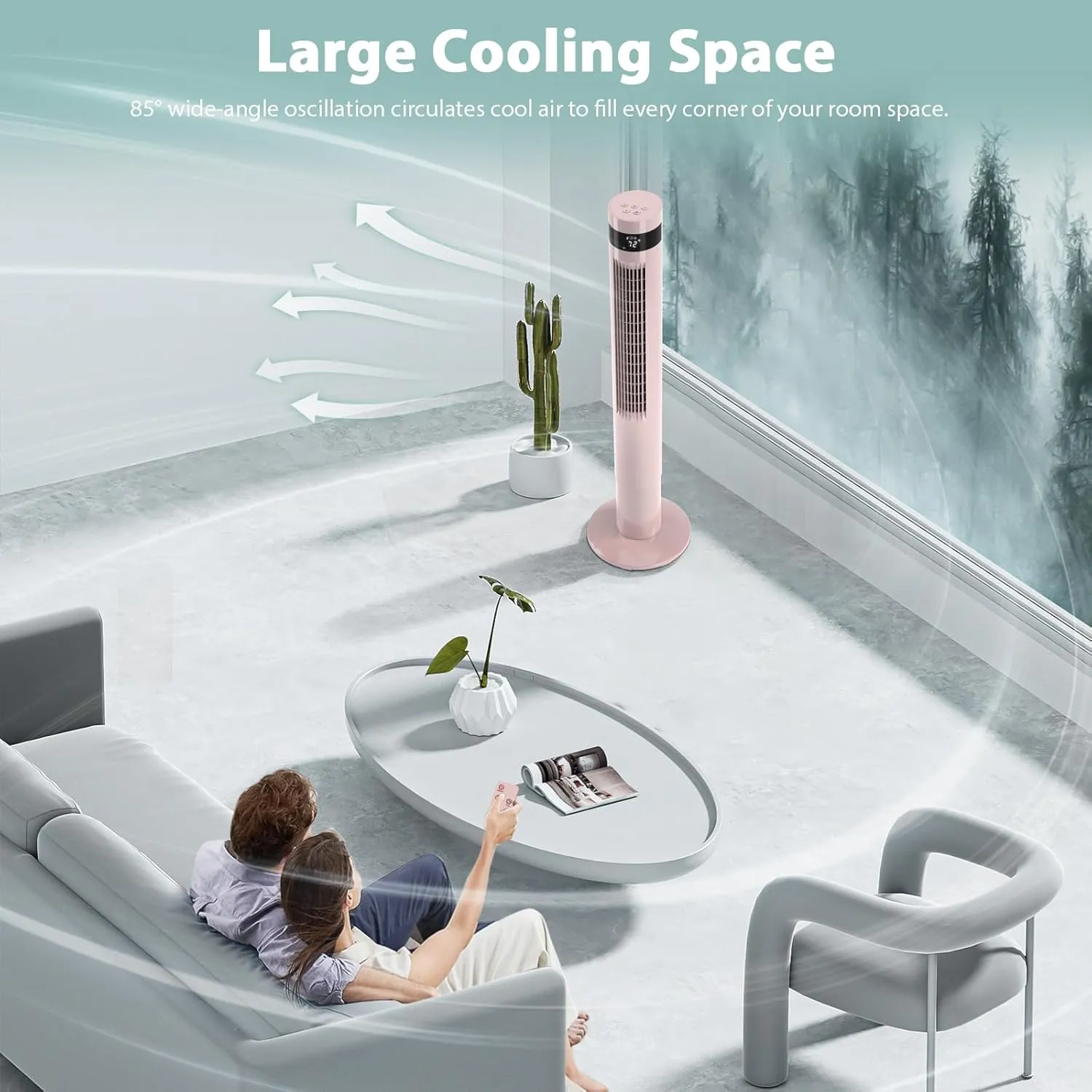 Tower Fan With Remote, Cooling Fans That Blow Cold Air for Home, 85 Oscillating Bladeless Tower Fan with 24ft/s Velocity, 3 Modes, 3 Speeds, 12H Timer (Pink, 43 in)
