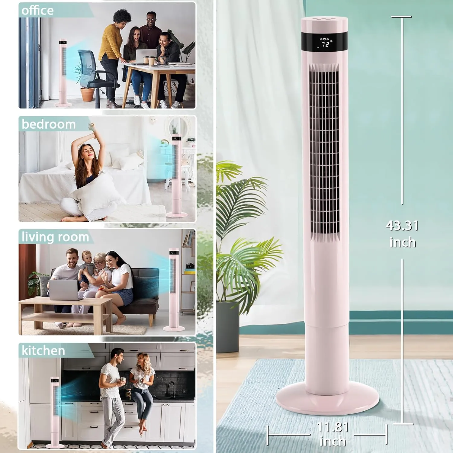 Tower Fan With Remote, Cooling Fans That Blow Cold Air for Home, 85 Oscillating Bladeless Tower Fan with 24ft/s Velocity, 3 Modes, 3 Speeds, 12H Timer (Pink, 43 in)