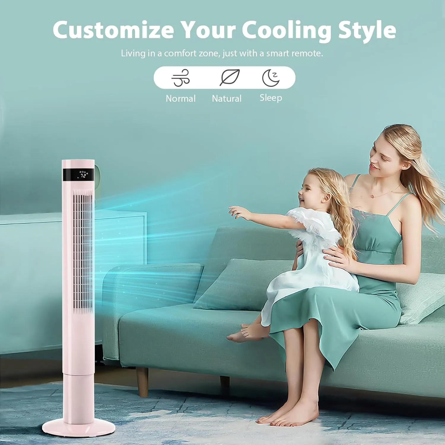 Tower Fan With Remote, Cooling Fans That Blow Cold Air for Home, 85 Oscillating Bladeless Tower Fan with 24ft/s Velocity, 3 Modes, 3 Speeds, 12H Timer (Pink, 43 in)