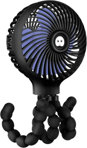 TRELC Mini Stroller Fan, 19H Ultra-long Battery Life, Personal Handheld Clip on Portable Rechargeable Fan with Flexible Tripod, Gift for Children Baby Office Room Car Travel BBQ Gym (Black) Rear-mounted fan for childrens safety