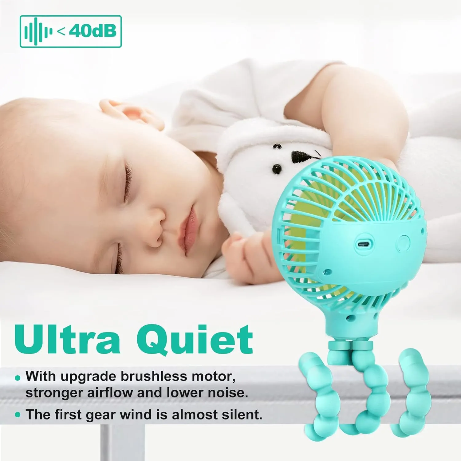 TRELC Mini Stroller Fan, 19H Ultra-long Battery Life, Personal Handheld Clip on Portable Rechargeable Fan with Flexible Tripod, Gift for Children Baby Office Room Car Travel BBQ Gym (Green)