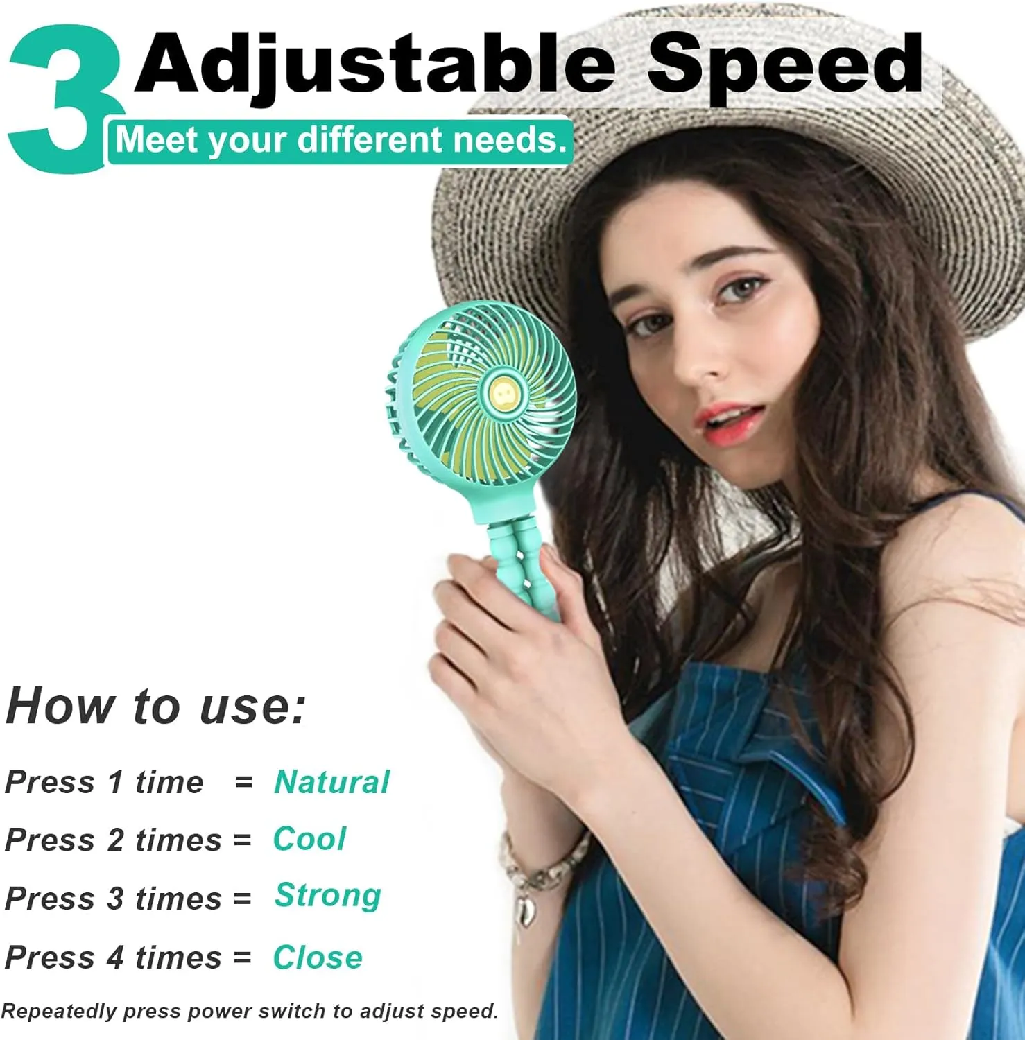 TRELC Mini Stroller Fan, 19H Ultra-long Battery Life, Personal Handheld Clip on Portable Rechargeable Fan with Flexible Tripod, Gift for Children Baby Office Room Car Travel BBQ Gym (Green)