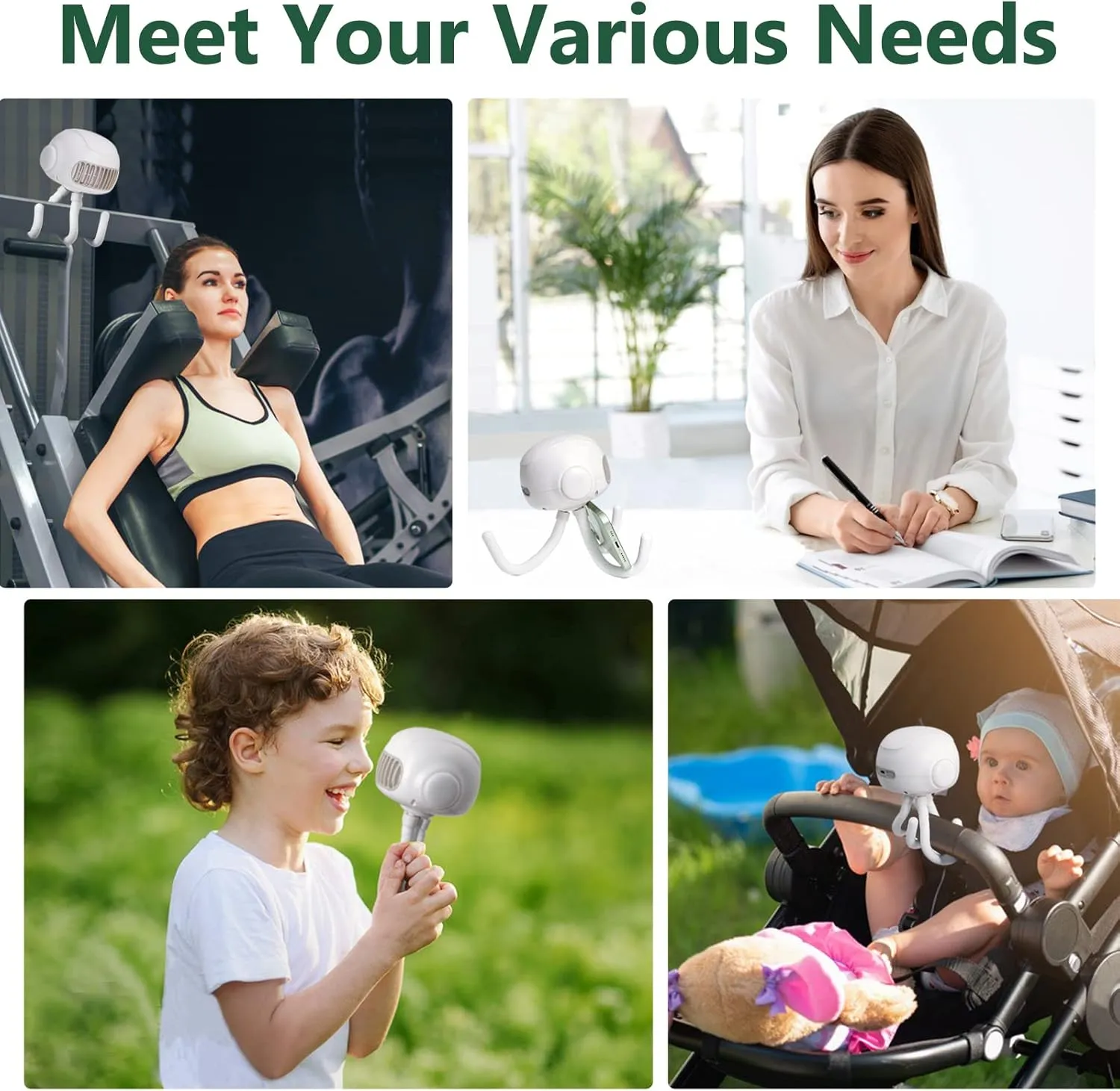 TRELC Stroller Fan with Light, 3 Speed Portable Handheld Bladeless Fans, Rechargeable USB Fan for Stroller, Crib, Car Seat, Desk, Treadmill (White)