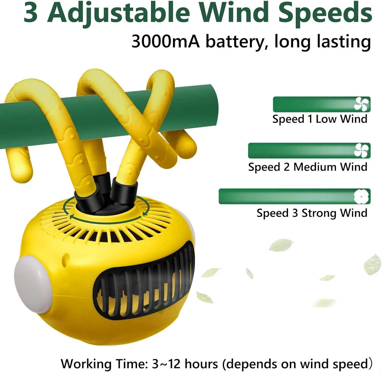 TRELC Stroller Fan with Light, 3 Speed Portable Handheld Bladeless Fans, Rechargeable USB Fan for Stroller, Crib, Car Seat, Desk, Treadmill (Yellow)