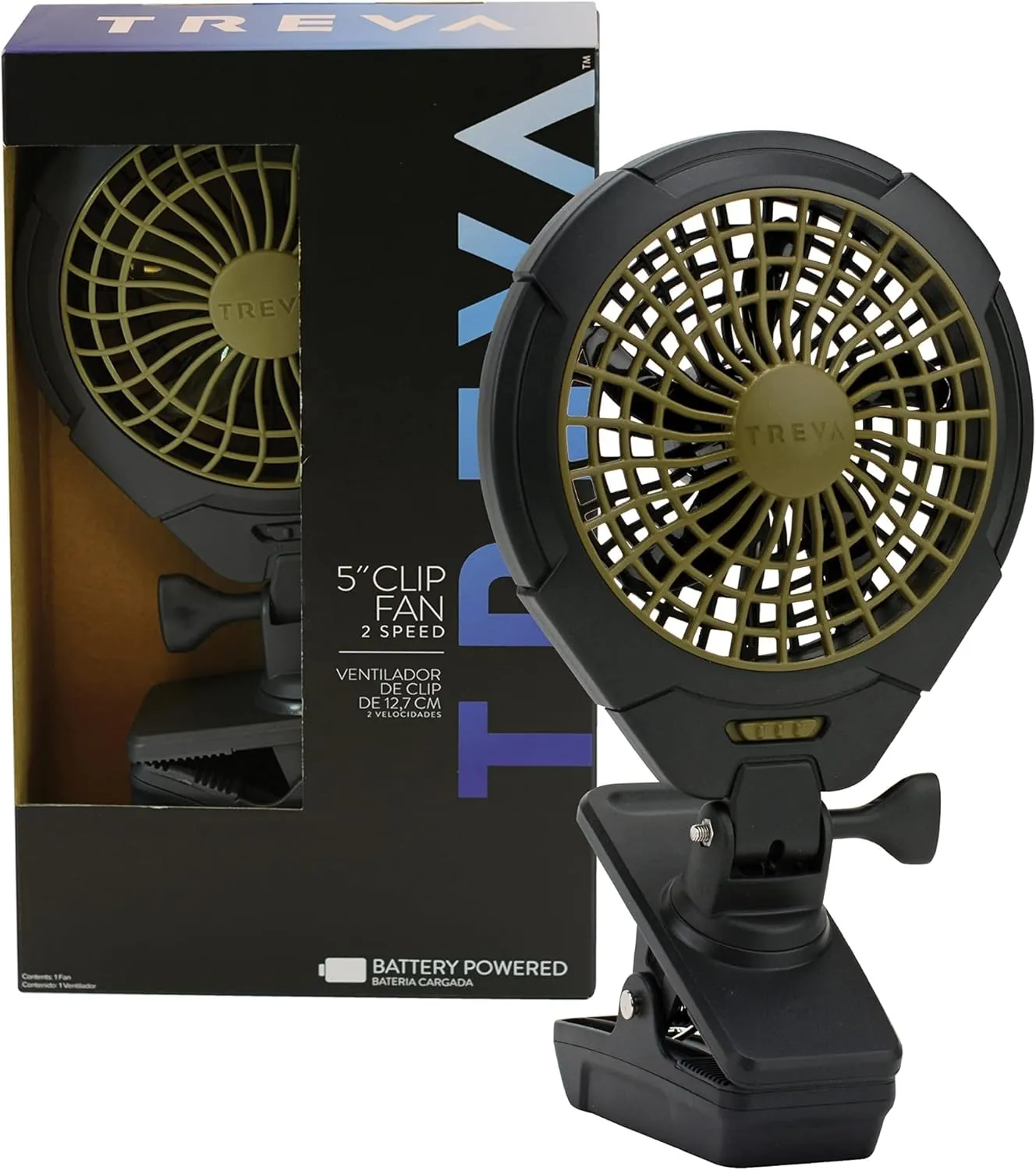 Treva 5 Inch Battery Powered Clip Slim and Portable Cooling Fan with Clamp for Travel, Outdoor,Camping, Car, Office Desk, Baby Stroller - Multi-Directional Rotating and Adjustable Head, Khaki (FC05005) Battery-powered portable fan