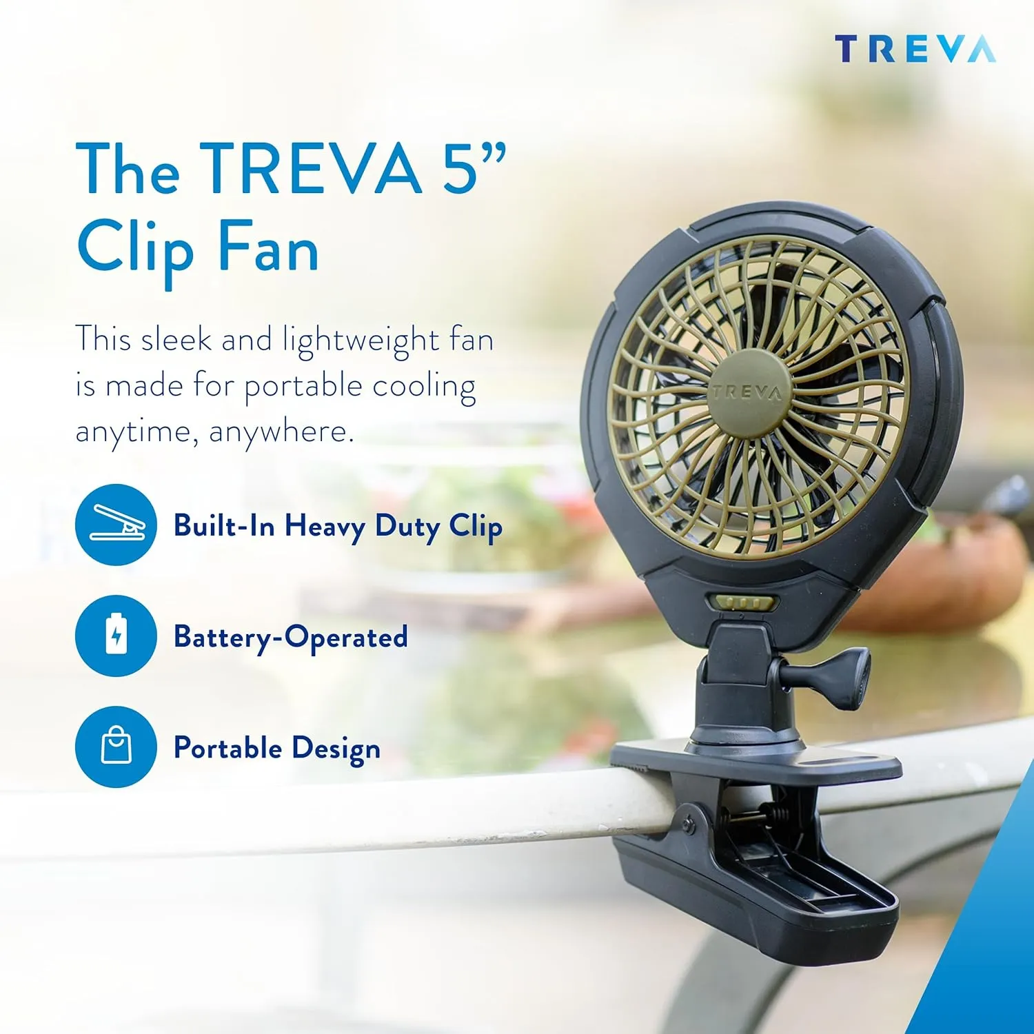 Treva 5 Inch Battery Powered Clip Slim and Portable Cooling Fan with Clamp for Travel, Outdoor,Camping, Car, Office Desk, Baby Stroller - Multi-Directional Rotating and Adjustable Head, Khaki (FC05005)