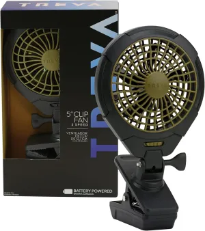 Treva 5 Inch Battery Powered Clip Slim and Portable Cooling Fan with Clamp for Travel, Outdoor,Camping, Car, Office Desk, Baby Stroller - Multi-Directional Rotating and Adjustable Head, Khaki (FC05005) Battery-powered portable fan