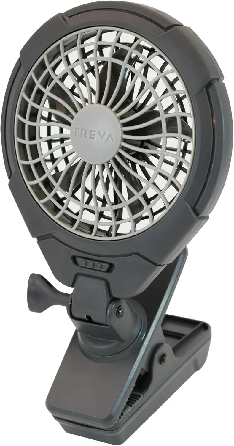 Treva 5 Inch Two Speed Battery & USB Powered Clip On Fan - Slim and Portable Cooling Travel Fan with USB - Gray Battery-powered portable fan