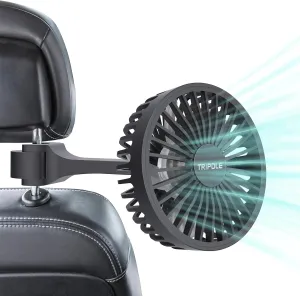 TriPole Car Cooling Fan - Powerful 3 Speed USB Air Circulation Fan with Adjustable Clip for Vehicles SUV RV Rear-mounted fan for childrens safety