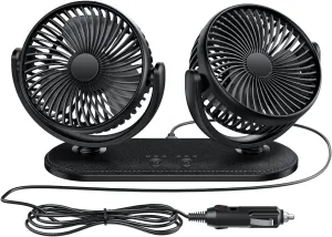 TriPole Car Fan 12V / 24V Portable Auto Cooling Dual Head Rotatable Vehicle Electric Fan for Car, Truck, SUV, RV, Van, Boat, Golf Cart - 3 Speeds, Strong Wind Air Circulation Solar-powered car fan for ventilation