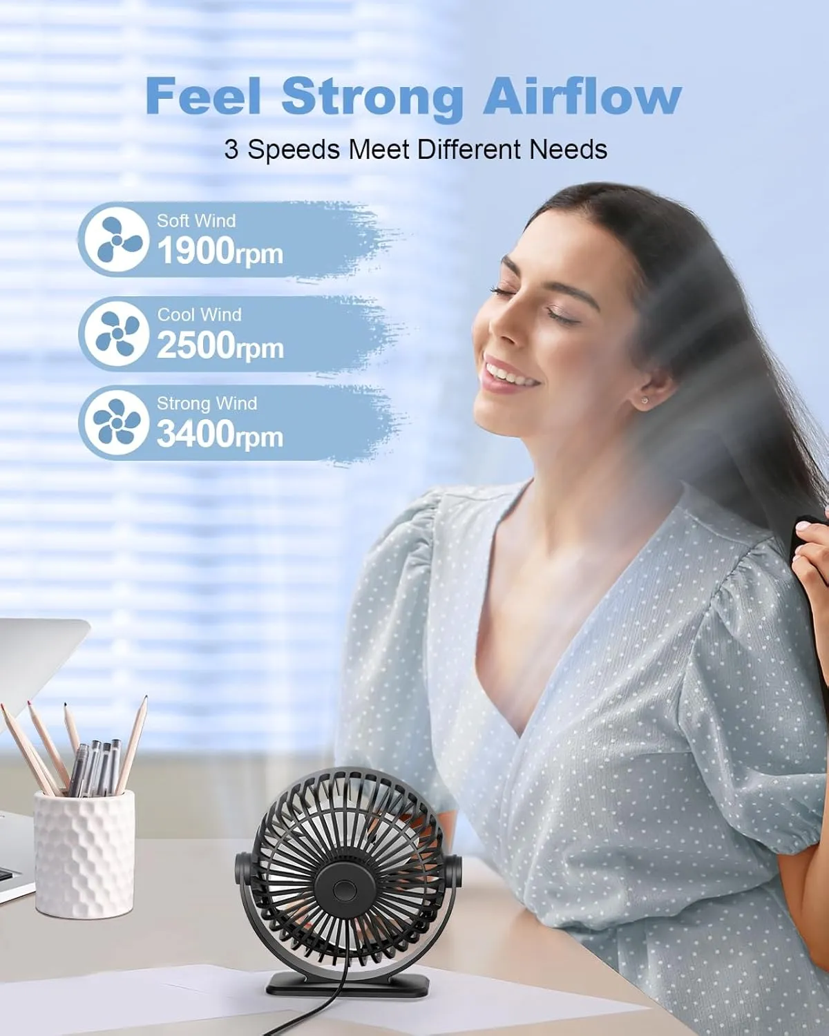 TriPole Desk Fan 2 Pack Black USB Powered Small Portable Fan, 3 Speeds Adjustable Strong Breeze Mini Personal Fan, 360 Rotation Quiet Plug In USB Fan for Desktop Bedroom Office Table Travel, 4.5in