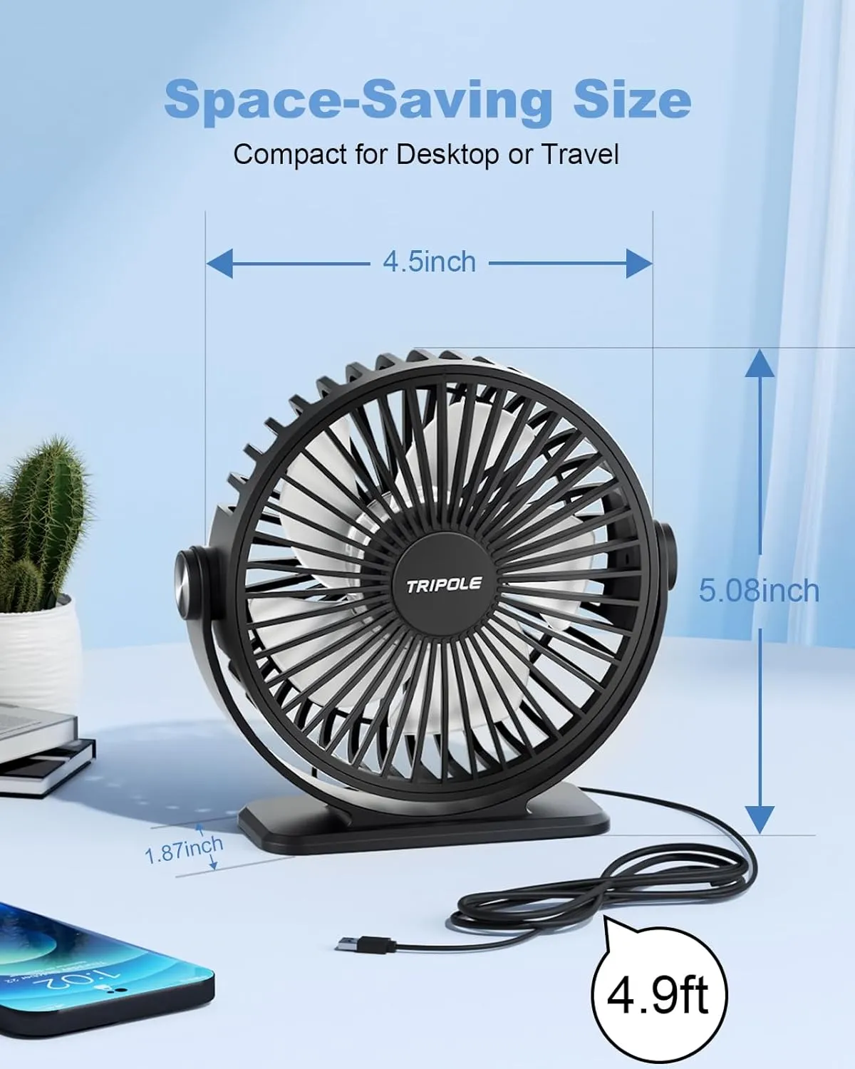 TriPole Desk Fan 2 Pack Black USB Powered Small Portable Fan, 3 Speeds Adjustable Strong Breeze Mini Personal Fan, 360 Rotation Quiet Plug In USB Fan for Desktop Bedroom Office Table Travel, 4.5in