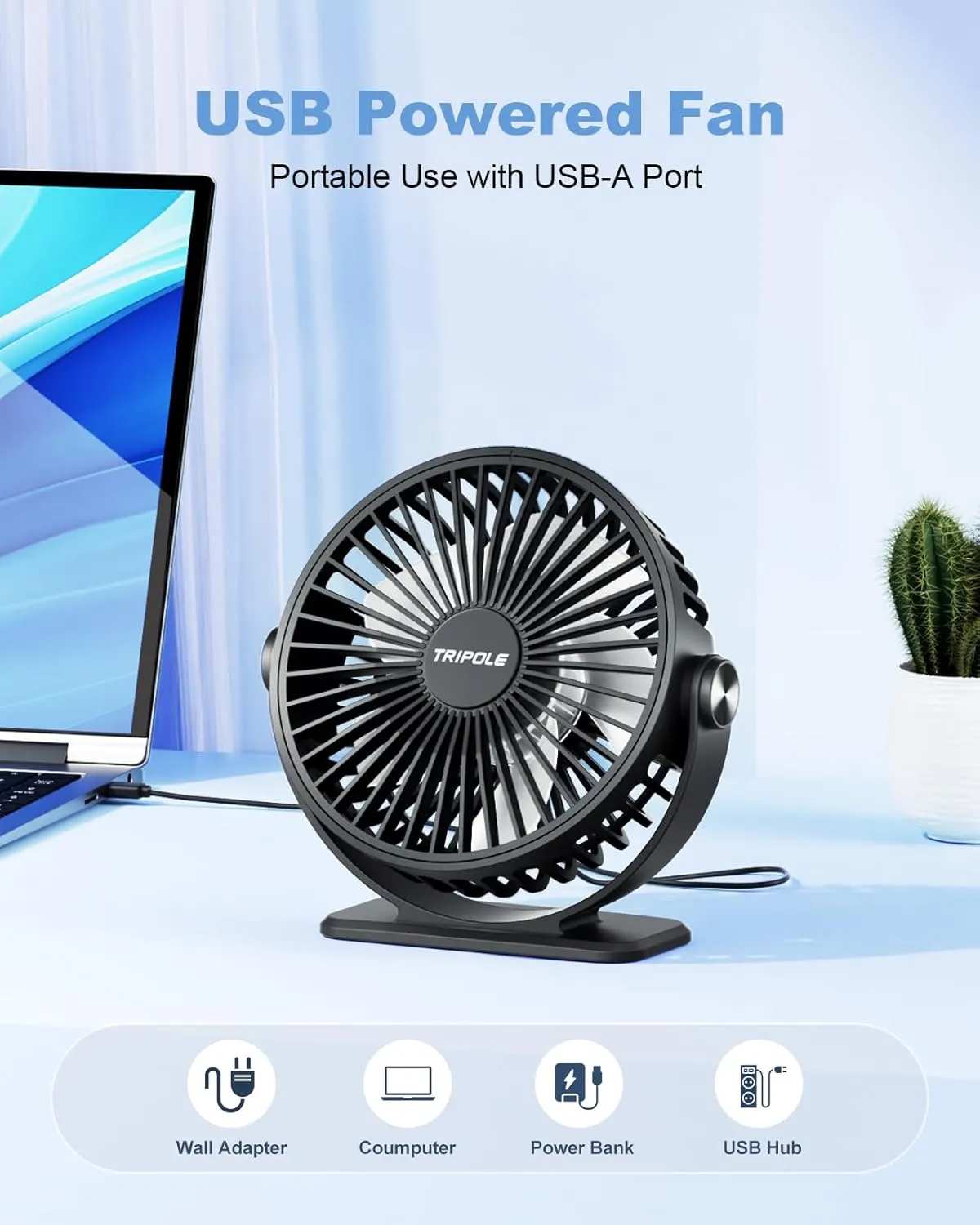 TriPole Desk Fan 2 Pack Black USB Powered Small Portable Fan, 3 Speeds Adjustable Strong Breeze Mini Personal Fan, 360 Rotation Quiet Plug In USB Fan for Desktop Bedroom Office Table Travel, 4.5in