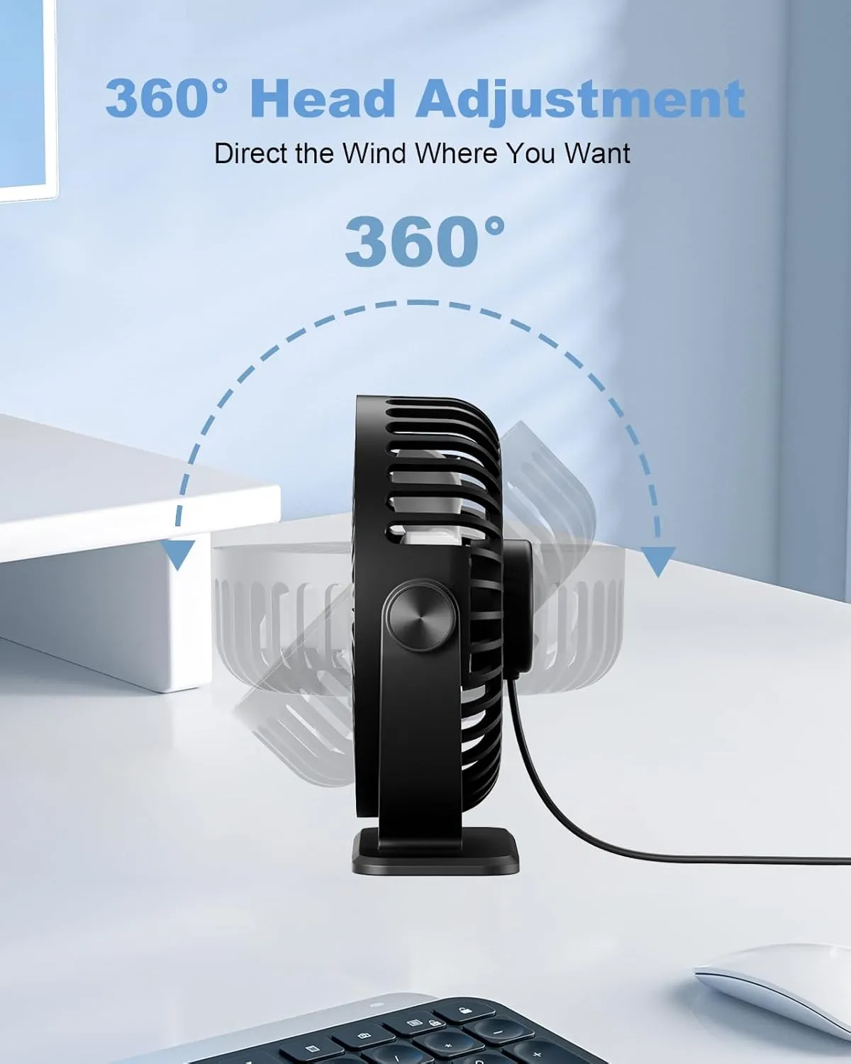 TriPole Desk Fan 2 Pack Black USB Powered Small Portable Fan, 3 Speeds Adjustable Strong Breeze Mini Personal Fan, 360 Rotation Quiet Plug In USB Fan for Desktop Bedroom Office Table Travel, 4.5in