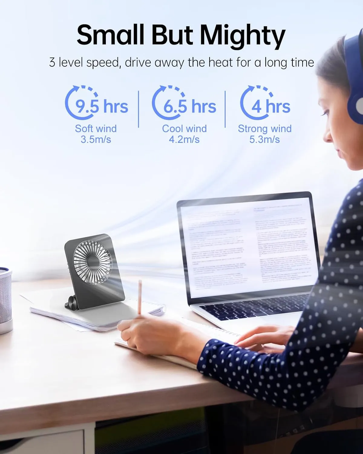 TriPole Desk Fan Small Portable Fan 2000 mAh Rechargeable Battery Ultra Quiet 4.5 Inch Mini Travel Fan with 180 Tilt Folding and 3 Speeds Adjustable for Home Office Desktop Black