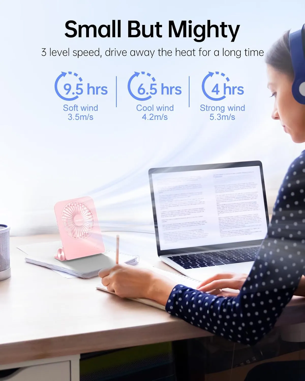 TriPole Desk Fan Small Portable Fan 2000 mAh Rechargeable Battery Ultra Quiet 4.5 Inch Mini Travel Fan with 180 Tilt Folding and 3 Speeds Adjustable for Home Office Desktop Pink
