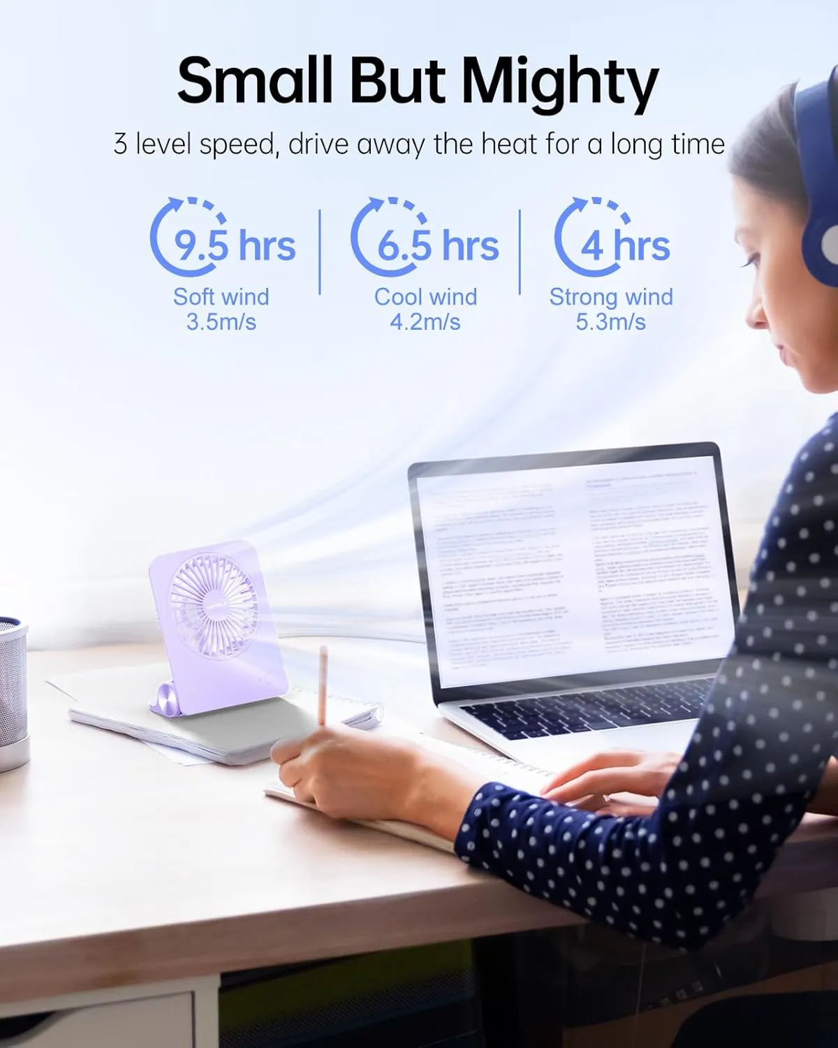TriPole Desk Fan Small Portable Fan 2000 mAh Rechargeable Battery Ultra Quiet 4.5 Inch Mini Travel Fan with 180 Tilt Folding and 3 Speeds Adjustable for Home Office Desktop Purple