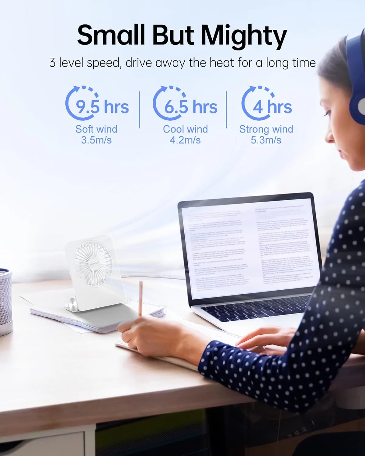 TriPole Desk Fan Small Portable Fan 2000 mAh Rechargeable Battery Ultra Quiet 4.5 Inch Mini Travel Fan with 180 Tilt Folding and 3 Speeds Adjustable for Home Office Desktop White