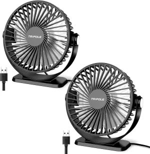 TriPole Desk Fan USB Powered 2 Pack Black Small Portable Fan, 3 Speeds Strong Airflow Mini Fan 360Rotation Personal Fan 5.1 Inch Table Fan for Home Office Bedroom Desktop Travel, 4.9ft Cable USB desktop fan for workspace