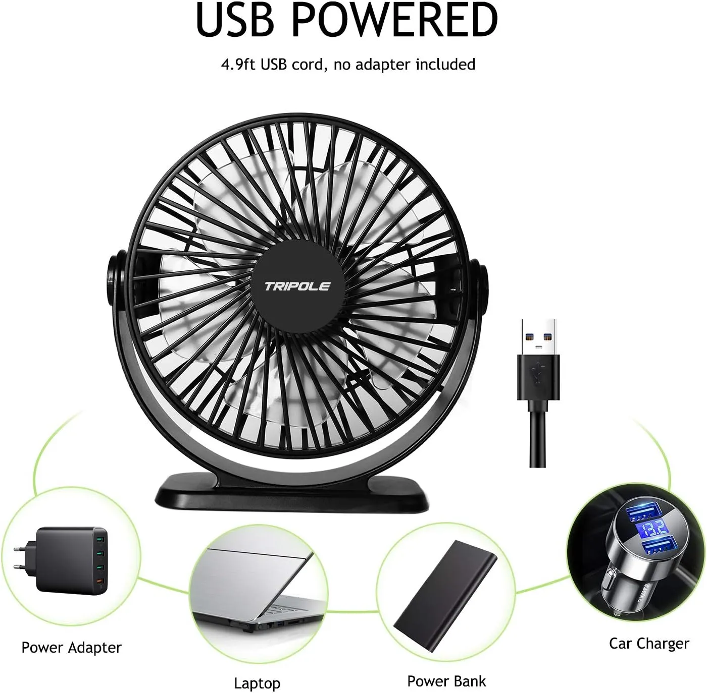 TriPole Desk Fan USB Powered 2 Pack Black Small Portable Fan, 3 Speeds Strong Airflow Mini Fan 360Rotation Personal Fan 5.1 Inch Table Fan for Home Office Bedroom Desktop Travel, 4.9ft Cable