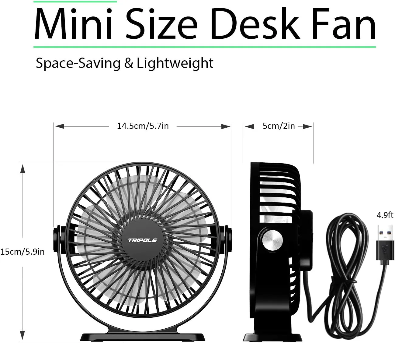 TriPole Desk Fan USB Powered 2 Pack Black Small Portable Fan, 3 Speeds Strong Airflow Mini Fan 360Rotation Personal Fan 5.1 Inch Table Fan for Home Office Bedroom Desktop Travel, 4.9ft Cable