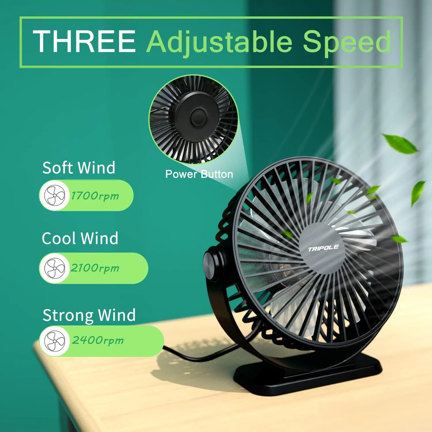 TriPole Desk Fan USB Powered 2 Pack Black Small Portable Fan, 3 Speeds Strong Airflow Mini Fan 360Rotation Personal Fan 5.1 Inch Table Fan for Home Office Bedroom Desktop Travel, 4.9ft Cable