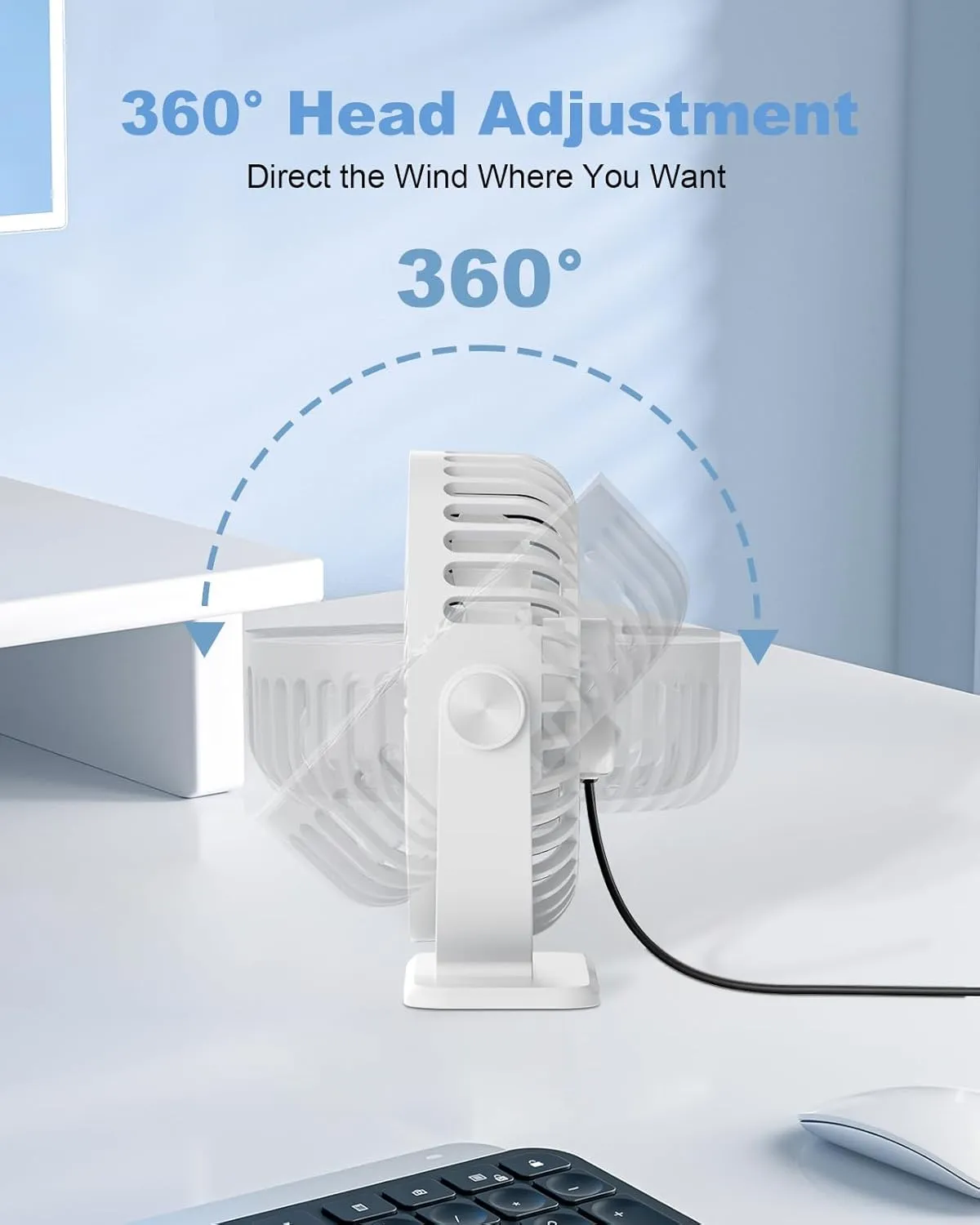 TriPole Desk Fan USB Powered Mini Portable Fan, 3 Speeds Adjustable Strong Breeze Personal Desktop Fan, 360 Rotation Quiet Plug In USB Fan for Bedroom Office Table Travel Cruise, White, 4.9ft Cable