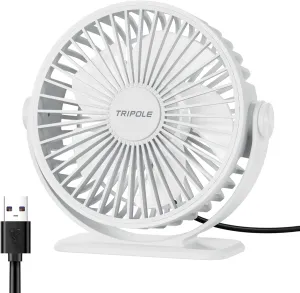TriPole Desk Fan USB Powered Mini Portable Fan, 3 Speeds Adjustable Strong Breeze Personal Desktop Fan, 360 Rotation Quiet Plug In USB Fan for Bedroom Office Table Travel Cruise, White, 4.9ft Cable 360-degree rotating fan for home use
