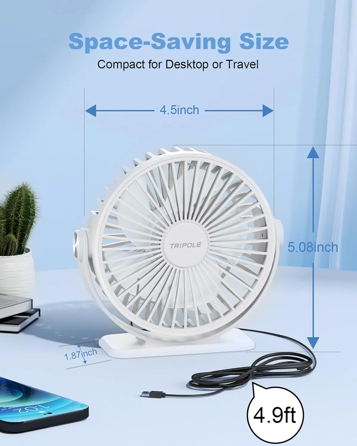 TriPole Desk Fan USB Powered Mini Portable Fan, 3 Speeds Adjustable Strong Breeze Personal Desktop Fan, 360 Rotation Quiet Plug In USB Fan for Bedroom Office Table Travel Cruise, White, 4.9ft Cable
