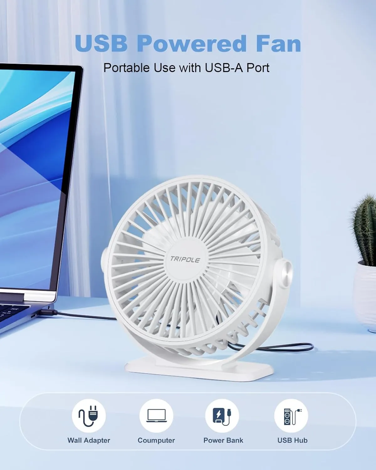 TriPole Desk Fan USB Powered Mini Portable Fan, 3 Speeds Adjustable Strong Breeze Personal Desktop Fan, 360 Rotation Quiet Plug In USB Fan for Bedroom Office Table Travel Cruise, White, 4.9ft Cable