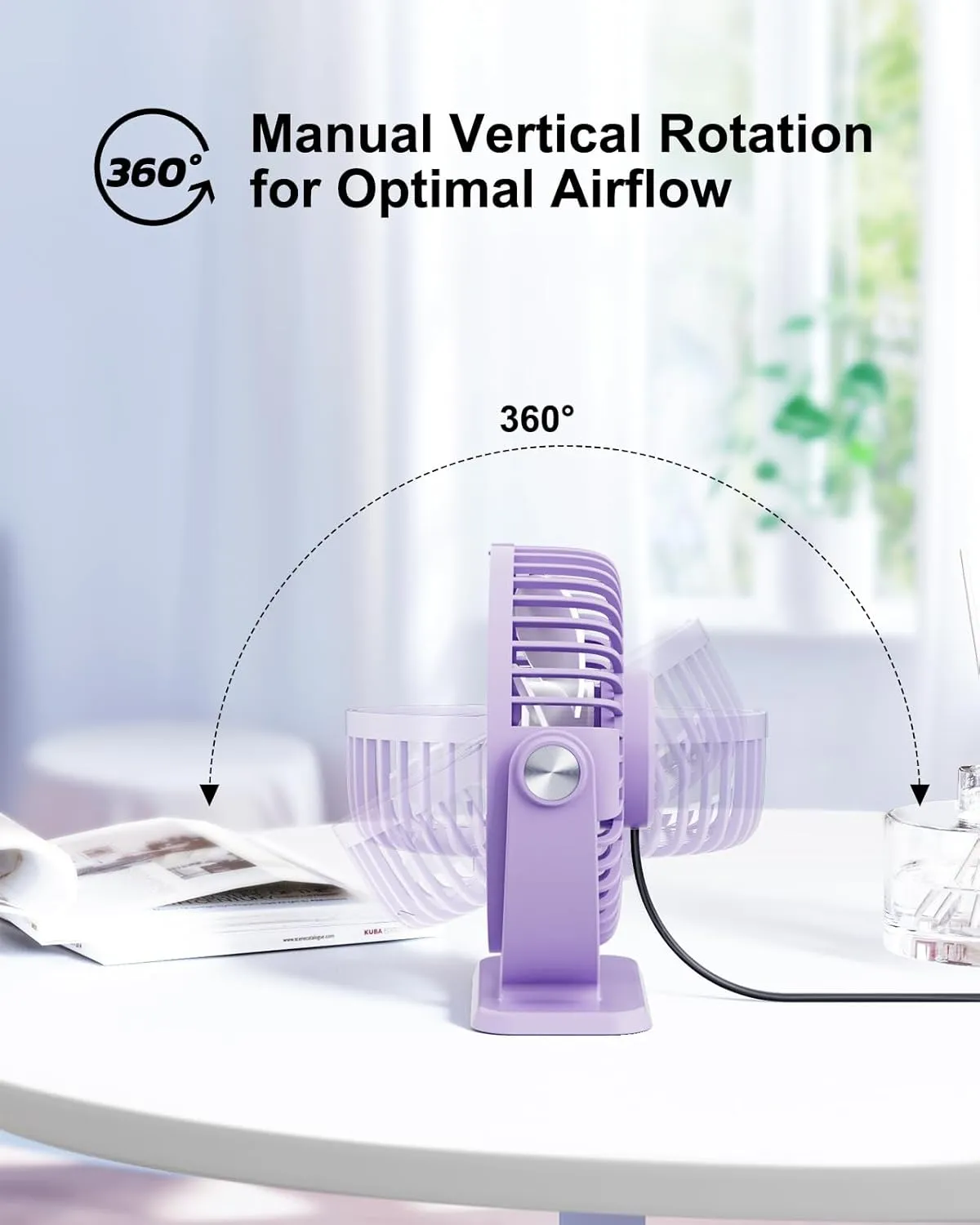 TriPole Desk Fan USB Powered Mini Portable Fan 3 Speeds Strong Airflow Small USB Fans 360Rotation Personal Travel Fan 5.1 Inch for Home Office Table Bedroom Bedside Desktop, Purple, 4.9ft Cable