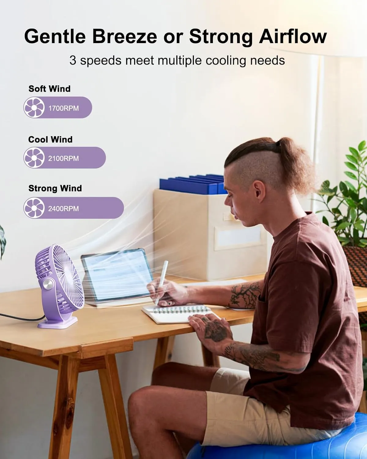 TriPole Desk Fan USB Powered Mini Portable Fan 3 Speeds Strong Airflow Small USB Fans 360Rotation Personal Travel Fan 5.1 Inch for Home Office Table Bedroom Bedside Desktop, Purple, 4.9ft Cable