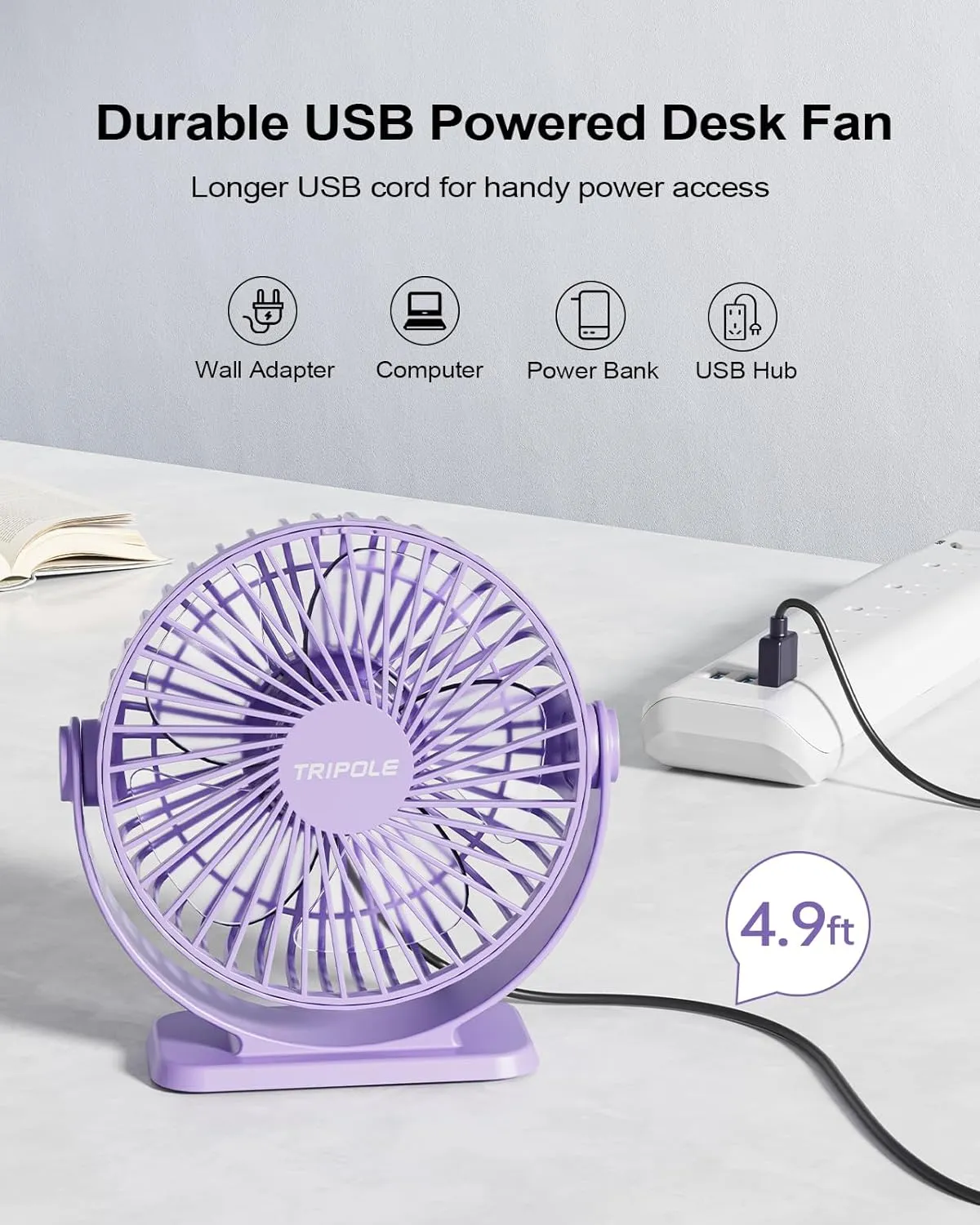 TriPole Desk Fan USB Powered Mini Portable Fan 3 Speeds Strong Airflow Small USB Fans 360Rotation Personal Travel Fan 5.1 Inch for Home Office Table Bedroom Bedside Desktop, Purple, 4.9ft Cable