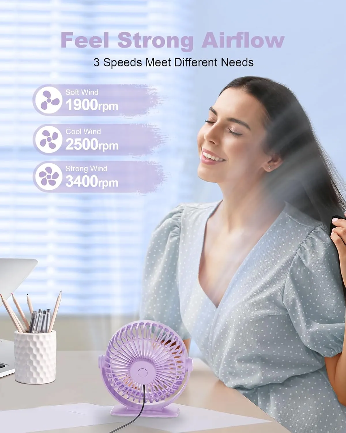 TriPole Desk Fan USB Powered Small Portable Fan, 3 Speeds Adjustable Strong Breeze Mini Personal Fan, 360 Rotation Quiet Plug In USB Fan for Desktop Bedroom Office Table Travel, Purple, 4.9ft Cable