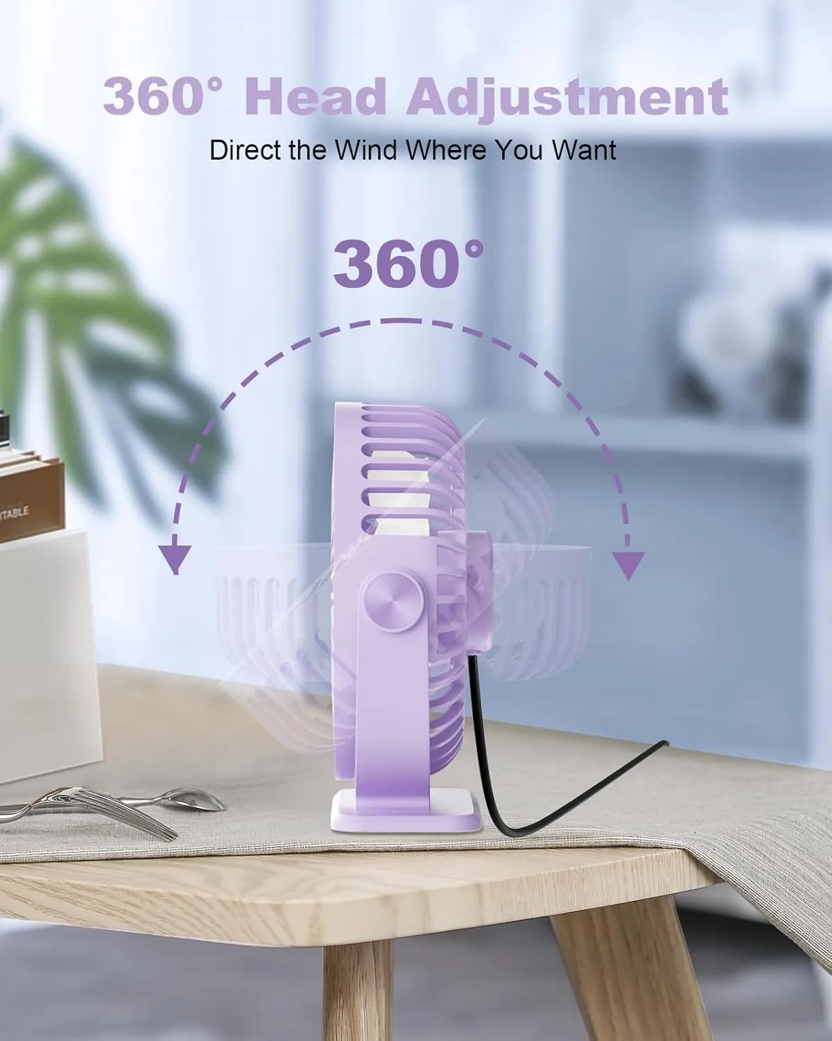 TriPole Desk Fan USB Powered Small Portable Fan, 3 Speeds Adjustable Strong Breeze Mini Personal Fan, 360 Rotation Quiet Plug In USB Fan for Desktop Bedroom Office Table Travel, Purple, 4.9ft Cable