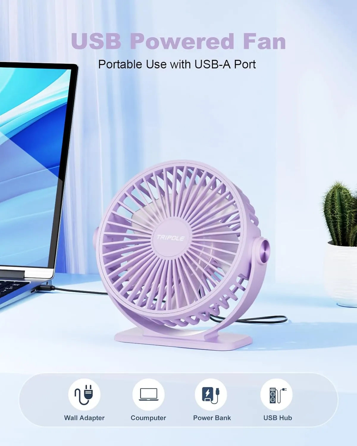 TriPole Desk Fan USB Powered Small Portable Fan, 3 Speeds Adjustable Strong Breeze Mini Personal Fan, 360 Rotation Quiet Plug In USB Fan for Desktop Bedroom Office Table Travel, Purple, 4.9ft Cable