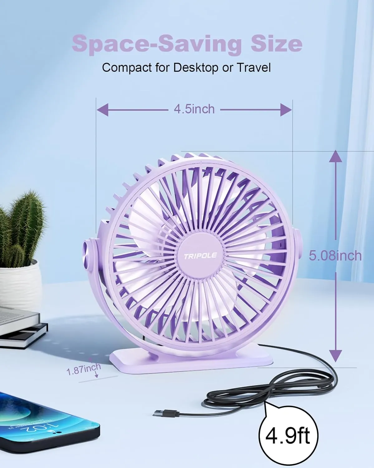 TriPole Desk Fan USB Powered Small Portable Fan, 3 Speeds Adjustable Strong Breeze Mini Personal Fan, 360 Rotation Quiet Plug In USB Fan for Desktop Bedroom Office Table Travel, Purple, 4.9ft Cable