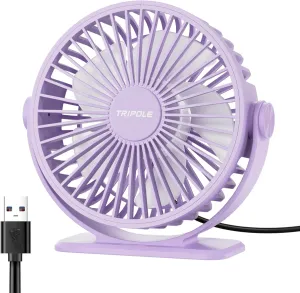 TriPole Desk Fan USB Powered Small Portable Fan, 3 Speeds Adjustable Strong Breeze Mini Personal Fan, 360 Rotation Quiet Plug In USB Fan for Desktop Bedroom Office Table Travel, Purple, 4.9ft Cable USB desktop fan for workspace