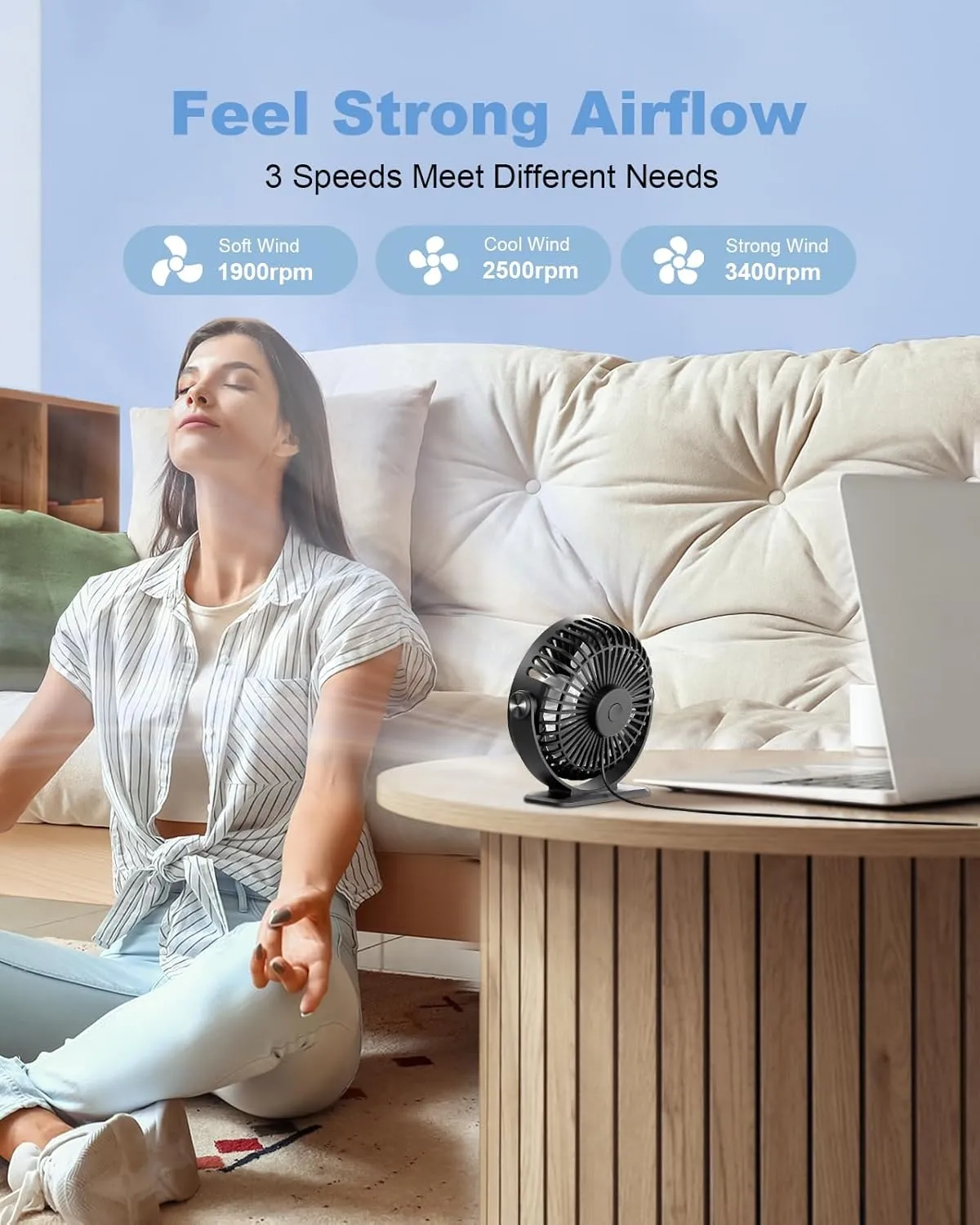 TriPole Desk Fan USB Powered Small Portable Fan, 3 Speeds Adjustable Strong Breeze Mini Personal Fans, 360 Rotation Quiet Plug In USB Fans for Desktop Bedroom Office Table Travel, Black, 4.9ft Cable