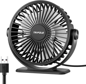 TriPole Desk Fan USB Powered Small Portable Fan, 3 Speeds Adjustable Strong Breeze Mini Personal Fans, 360 Rotation Quiet Plug In USB Fans for Desktop Bedroom Office Table Travel, Black, 4.9ft Cable USB desktop fan for workspace