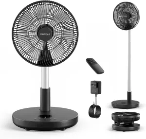 TriPole Foldable Standing Fan 12" Portable Rechargeable Battery Pedestal Fan with Remote, Timer Setting, Height Adjustable, for Home Office, 6 Speed, 12000mAh (Black) Battery-powered portable fan