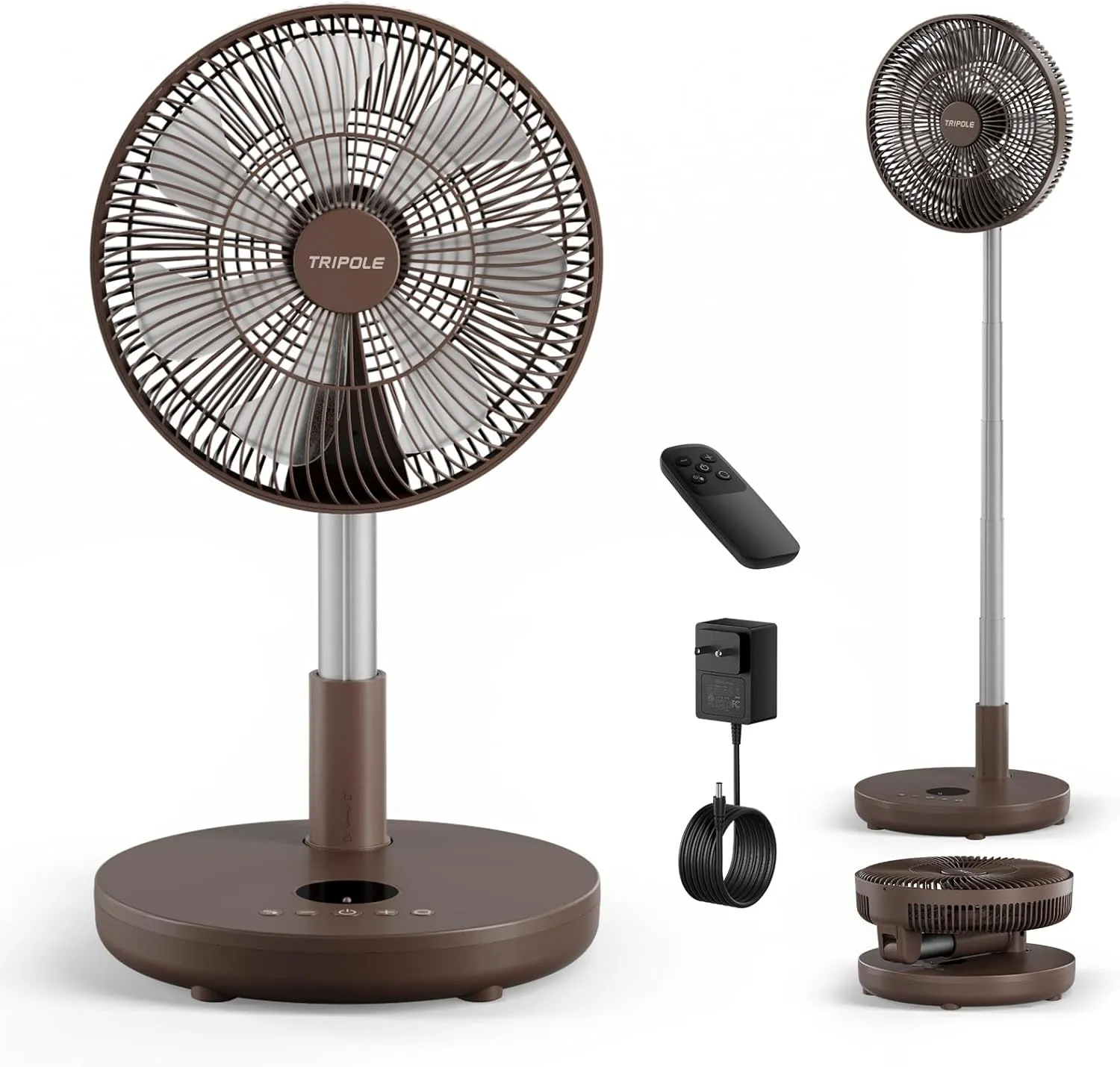 TriPole Foldable Standing Fan 12" Portable Rechargeable Battery Pedestal Fan with Remote, Timer Setting, Height Adjustable, for Home Office, 6 Speed, 12000mAh (Coffee) Battery-powered portable fan