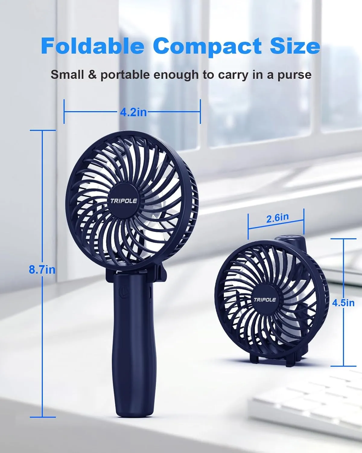 TriPole Handheld Fan Foldable Mini Portable Fan, 3 Speeds Small Personal Rechargeable USB Desk Fans, Powerful Hand Held Fans Battery Operated for Travel Outdoor Beach Makeup, Navy Blue, 4.2 Cover
