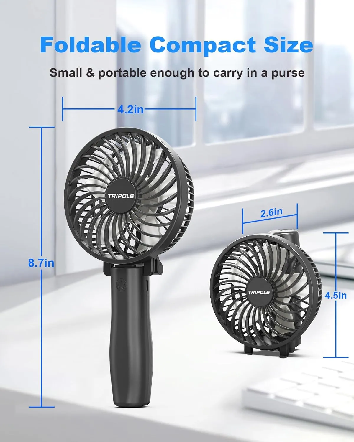 TriPole Handheld Fan Portable Mini Fan, 3 Speeds Foldable Small Personal Rechargeable USB Desk Fans, Powerful Hand Held Fans Battery Operated for Travel Outdoor Makeup Gifts, Black, 4.2 Cover