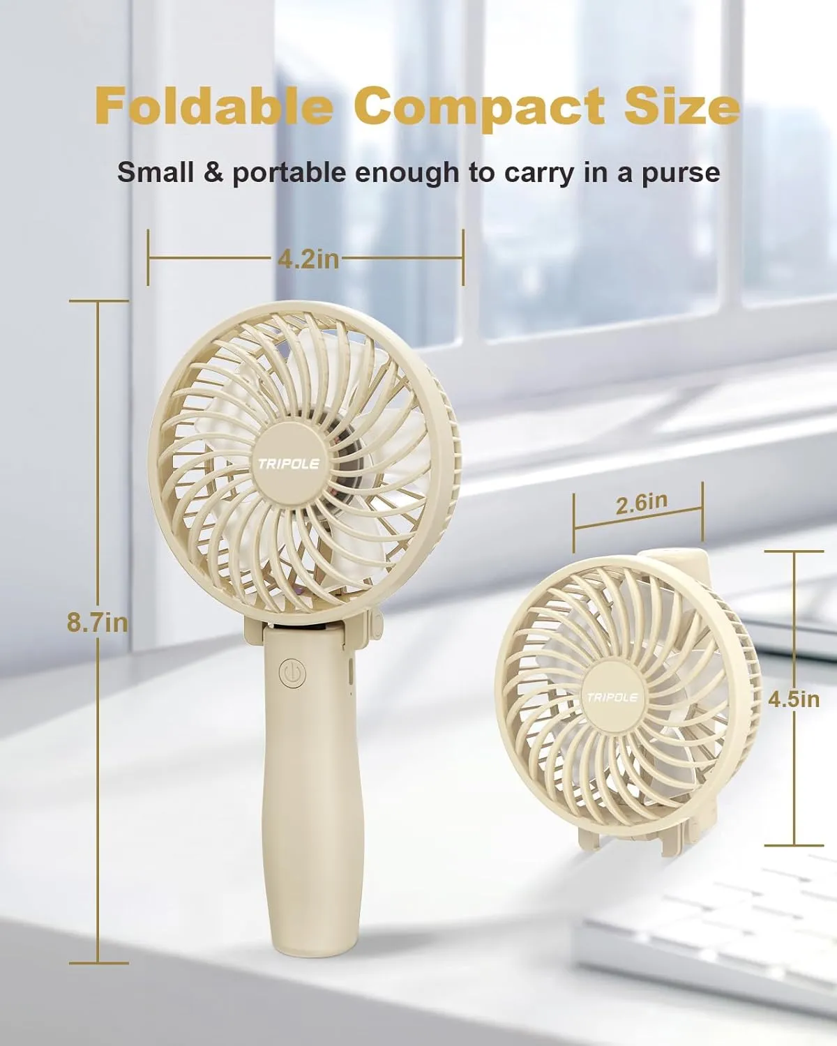 TriPole Handheld Portable Mini Fan, 3 Speeds Rechargeable Small Personal Fans, Foldable USB Desk Fan, Powerful Hand Held Fans Battery Operated for Travel Outdoor Makeup Summer, Beige, 4.2 Fan Cover