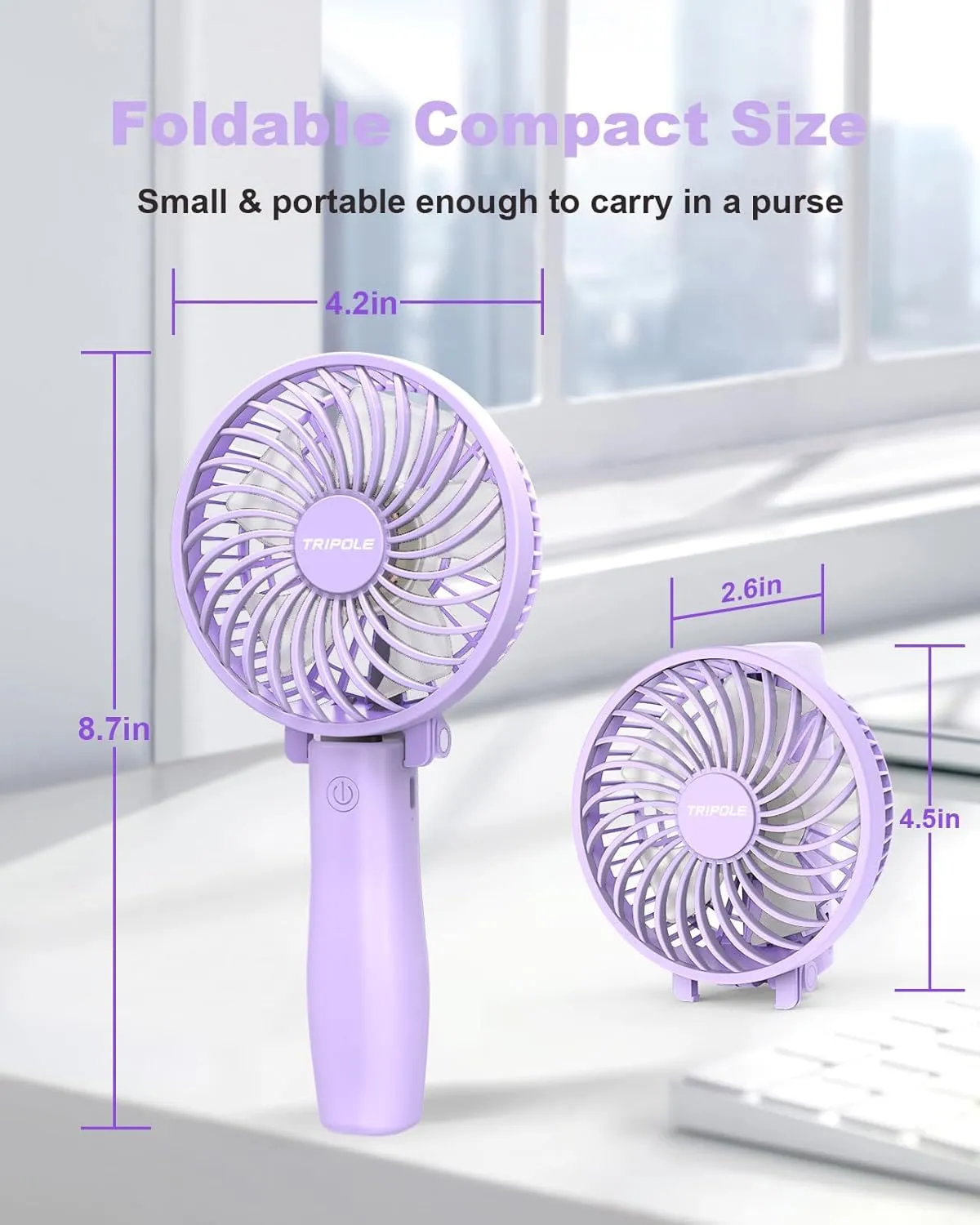 TriPole Handheld Portable Mini Foldable Fan, 3 Speeds Rechargeable Personal Fan, Small USB Desk Fans, Powerful Hand Held Fans Battery Operated for Travel Outdoor Summer Gifts, Purple, 4.2 Cover