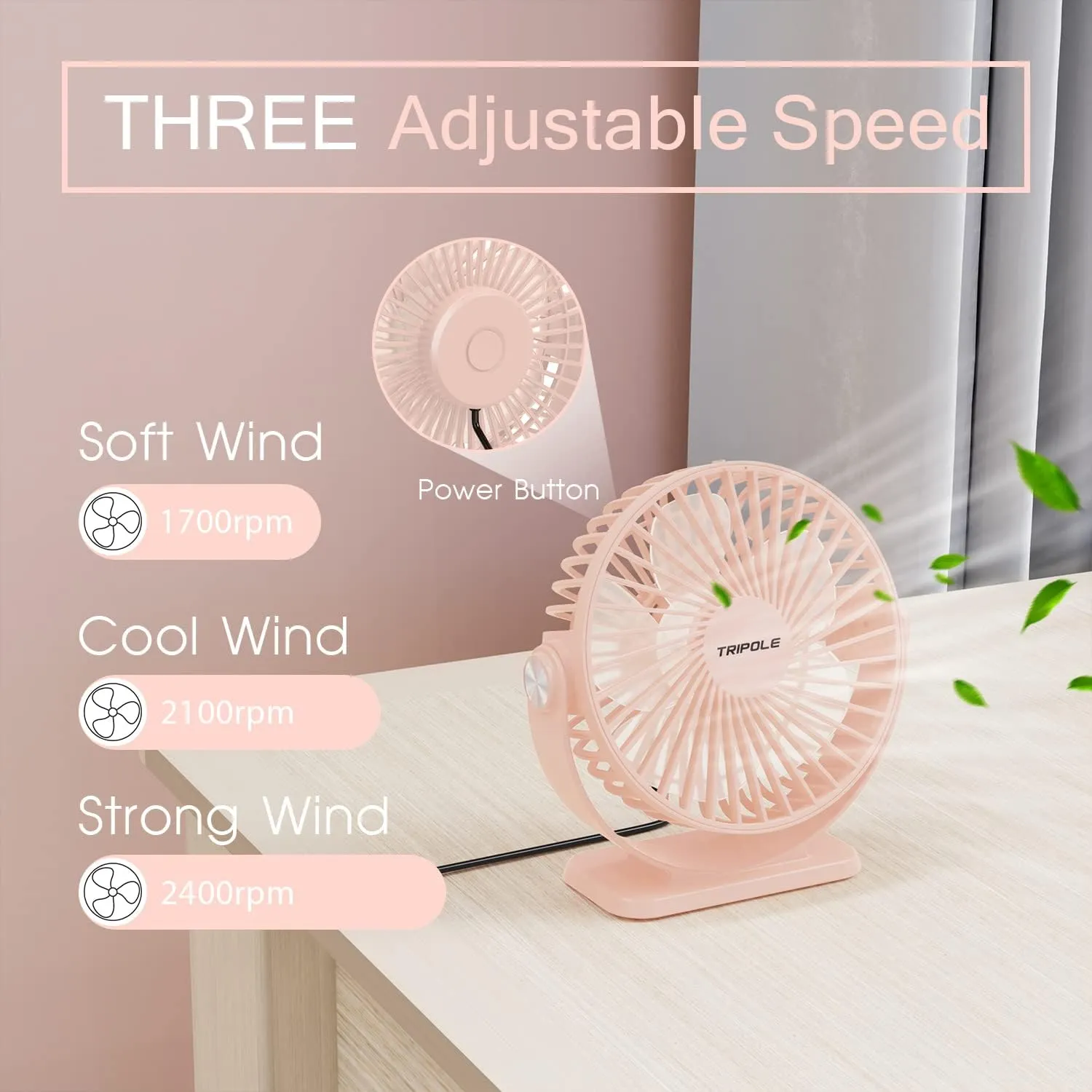 TriPole Mini Desk Fan USB Powered Portable Fan 3 Speeds Strong Airflow Small Fan 360Rotation Personal Fan 5.1 Inch Table Fan for Home Office Bedroom Desktop, Pink, 4.9ft Cable