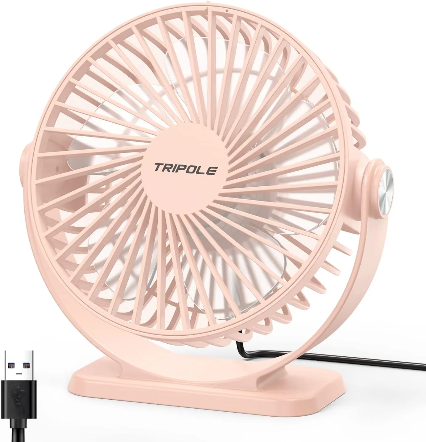 TriPole Mini Desk Fan USB Powered Portable Fan 3 Speeds Strong Airflow Small Fan 360Rotation Personal Fan 5.1 Inch Table Fan for Home Office Bedroom Desktop, Pink, 4.9ft Cable USB desktop fan for workspace